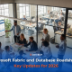 Modern office meeting room with a team reviewing analytics dashboards on a large screen, with overlaid text “Microsoft Fabric and Databases Roadshow: Key Updates for 2026” and CG TECH logo.
