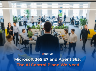 CG TECH blog banner showing a busy modern office, titled Microsoft 365 E7 and Agent 365: The AI Control Plane We Need.