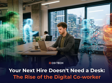 A business professional works on a laptop in a modern office, surrounded by glowing AI agent figures representing digital co-workers in Microsoft 365.