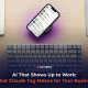 A phone displaying a Slack-style chat interface sits on a desk alongside a keyboard, notepad, coffee and mouse, representing AI working inside team messaging tools. CG TECH branding is visible on the keyboard.
