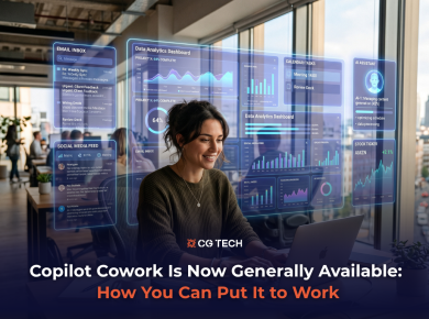 A professional working on a laptop surrounded by holographic AI dashboards showing email, analytics, calendar, and task management tools, representing Microsoft Copilot Cowork managing multiple workflows simultaneously.
