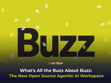 Buzz logo on a yellow background with bee icons, promoting CG TECH's blog on the new open source agentic AI workspace.