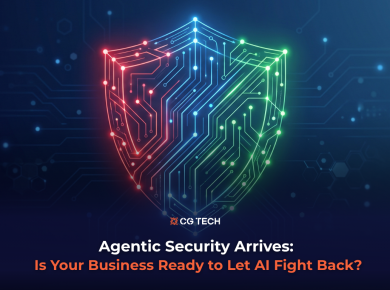 A digital shield formed from red, blue and green circuit lines, representing coordinated AI security agents defending a business, next to the CG TECH logo and the blog title Agentic Security Arrives.