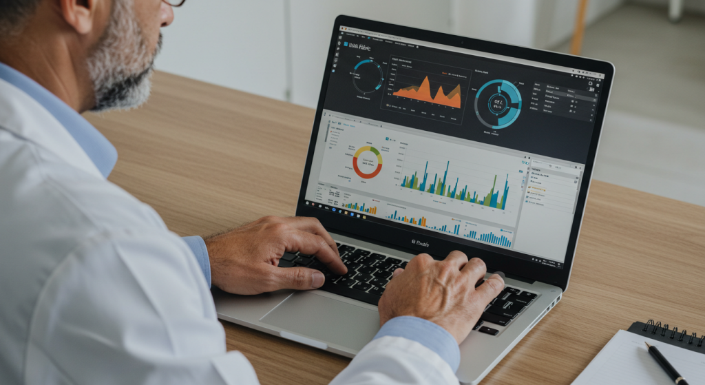 Healthcare professional reviewing Microsoft Fabric dashboards on a laptop, showing data insights and performance metrics.
