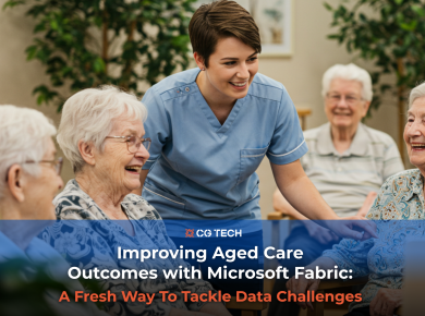 A smiling nurse talking with elderly residents in an aged care facility, representing improved outcomes through Microsoft Fabric.