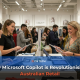 Retail staff and customers interact using tablets at a busy Australian clothing store checkout. The image highlights how Microsoft Copilot is supporting retail teams with real-time information and improved customer service. CG TECH branding appears along the bottom of the image.