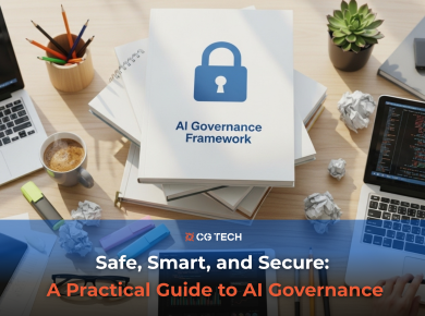 A desk with laptops showing code, notebooks labelled AI Governance Framework, stationery, and coffee, representing workplace planning and secure AI governance in an Australian business setting.