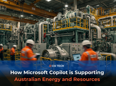 Australian power plant interior with engineers using digital tools on the operations floor, illustrating how Microsoft Copilot is supporting the energy and resources sector through smarter maintenance, safety, and operational insights.