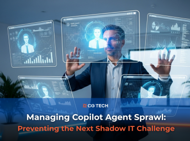 Business professional using transparent digital screens with AI dashboards, representing Microsoft 365 Copilot agent governance and prevention of shadow IT challenges.