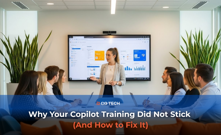 A trainer stands at the front of a modern meeting room presenting Microsoft 365 Copilot features on a large screen while a team of employees sits around the table learning how to use the tool during a workplace training session.