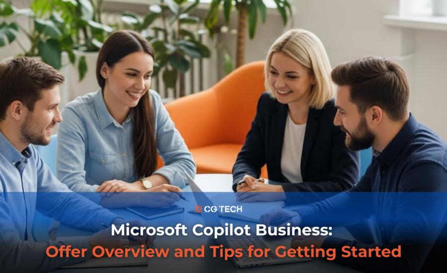 Business team meeting in a modern office discussing Microsoft Copilot Business implementation, used as a banner image for an article on Copilot offers and rollout tips.