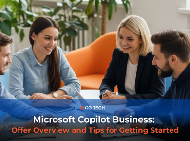 Business team meeting in a modern office discussing Microsoft Copilot Business implementation, used as a banner image for an article on Copilot offers and rollout tips.
