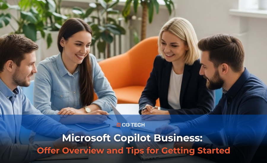 Business team meeting in a modern office discussing Microsoft Copilot Business implementation, used as a banner image for an article on Copilot offers and rollout tips.